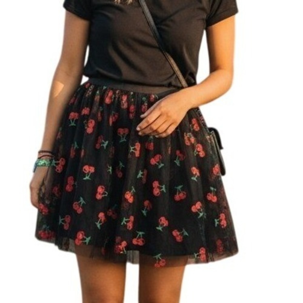 Unique Vintage Black‎ Tulle Cherry Print Mini Skirt Glitter Rockabilly 1X 16